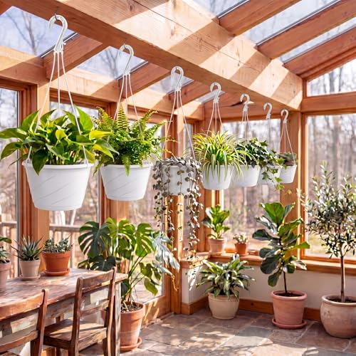 8 Pcs 10 Inch Modern Euro Swirl Hanging Planter Uv-Resistant Plastic Hanging Basket Smart Drainage Lightweight Indoor Outdoor Flower Pots for Garden Porch Balcony Patio Home Decor (White) - color: White