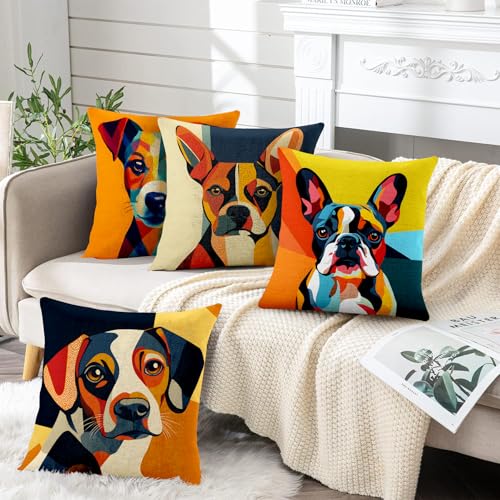 BVBOX Set of 4 Linen Throw Pillow Covers 18"x18", Soft Flax Dog Puppy Geometric Abstract Pop Art Decorative Pillow Cases, Double-Sided Modern Pillow Covers for Bed, Sofa, Couch, Living Room, Bedroom - color: Puppy