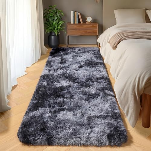 ONASAR Runner Rugs for Bedroom Living Room, Fluffy Tie-Dyed Dark Grey 2x6 Bedside Hallway Area Rug, Ultra Soft Plush Furry Faux Fur Non Slip Floor Carpet for Nursery Kids Dorm Closet Home Decor - color: Tie-dyed Dark Grey, size: 2' x 6' (Runner)