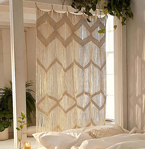 Flber Macrame Curtain Window Macrame Room Divider Doorway Curtain Boho Macrame Wall Hanging Living Room Bedroom Decor 42" W x 75" H - color: Beige