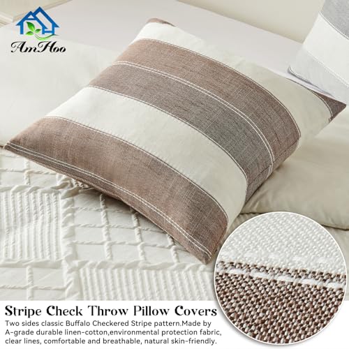 AmHoo Pack of 2 Farmhouse Stripe Check Throw Pillow Covers Set Case Cotton Linen Decorative Pillowcases Cushion Cover for Couch Bench Sofa 16x16Inch Brown - color: Brown, size: 16" x 16" (Pack of 2)