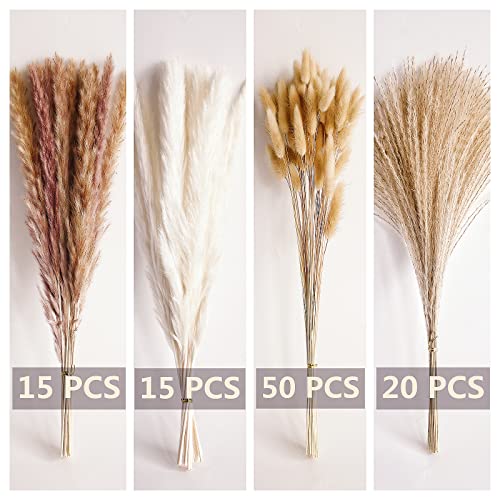 100 PCS Small Boho Pampas Grass, 17" Naturally Dried Pompas, Pampas Grass Decor for Wedding , Boho Party Decorations, Table Decor（Brown and White）