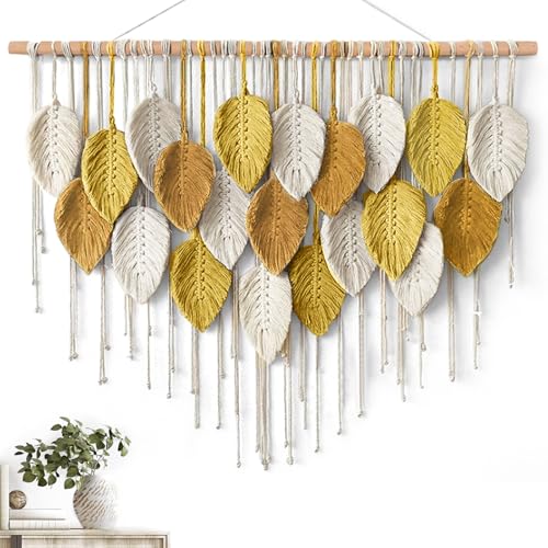 KHOYIME Large Macrame Wall Hanging Boho Woven Tapestry, Bohemian Farmhouse Handmade Yellow Leaf Feather Wall Art Chic Modern Home Decoration for Living Room Bedroom Nursery Dorm Backdrop 39"W X 29.5"L - color: Yellow Brown-39"W x 29.5"L