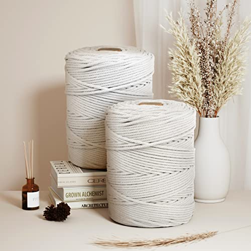 Macrame Cotton Cord 5mm x 328yds, ZUEXT Natural Handmade Beige White Braided Cords 4 Strands Knitted Rope String for Craft Wall Hanging Weaving Tapestry Dream Catchers Hanger DIY Gift (300m) - color: Beige White, style: 5mm x 300m