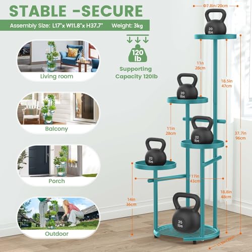 TOSKING 5-Tier Metal Plant Stand, Anti-Tip Round Base for Pots, Child & Pet Friendly, Space Saving Corner Shelf Flower Pot for Indoor Outdoor Use, Living Room Balcony Garden Patio Bedroom (Blue, 38in) - color: Blue, size: 5tier Rd Base