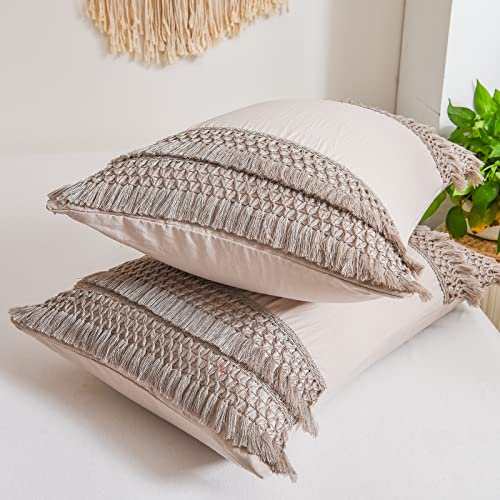 Taupe Pillowcases, Khaki Macrame Tassel Pillow Cases Set of 2, Soft Washed Microfiber, Taupe Decor Tassel Boho Pillow Cover, 2 Pack (King, Taupe Tassel) - color: Taupe Tassel, size: King, 20" x 40" (Pack of 2)