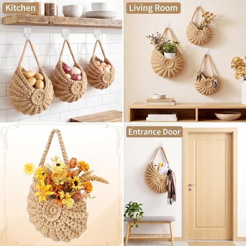 Qinyoung 3 Pack Boho Decor Hanging Wall Baskets for Kitchen Conch Baskets with Hooks Boho Conch Hanging Wall Kitchen Storage for Fruits Vegetables Onions Potatoes