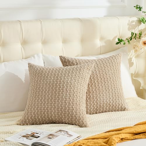 GAWAMAY Decorative Throw Pillow Covers 20x20 Inch Set of 2 for Living Room Couch Bed Sofa, Farmhouse Square Cushion Cover Soft Striped Corduroy Pillow Cases Boho Accent Home Decor (50x50cm) Beige - color: Beige, size: 20" x 20" (Pack of 2)