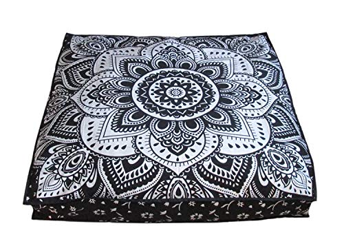CRAFT KALA Mandala Floor Pillow Cushion Cover Seating Throw Cover Hippie Decorative Bohemian Ottoman Poufs Pillow Cases Boho Indian Cotton Living Room Yoga Home Décor 24" Square, Black Silver Flower - color: Black Silver Flower, size: 24" x 24" (Pack of 1