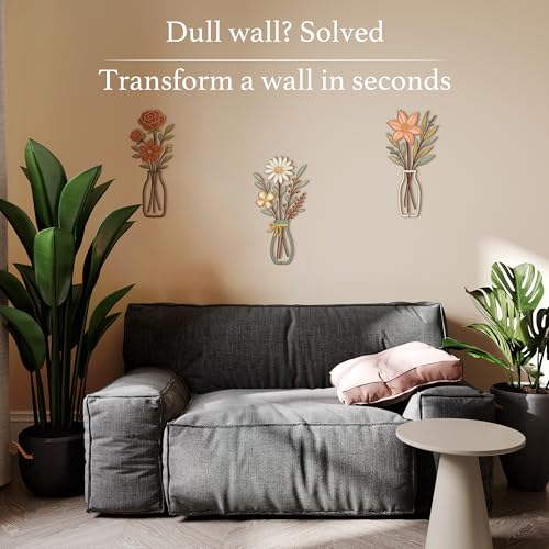 CarryWise 3 Piece Metal Flower Wall Art for Bedroom Living Room Rustic Farmhouse Floral Wall Decor for Bathroom Dining Room Boho Home Decorations Modern Minimalism Walls Hanging Sculptures - color: Red & Vase flower