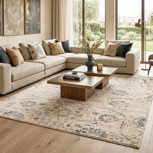 Hauteloom Obsidian Rustic Farmhouse Living Room Bedroom Dining Room Area Rug - Turkish Style - Traditional Floral Look - Bluish Medium Grey, Beige, Light Brown, Cream, Black - 4'3" x 5'7" - color: Beige, Black, Charcoal / Sunnyside, size: 4'2" x 5'7" (Rec