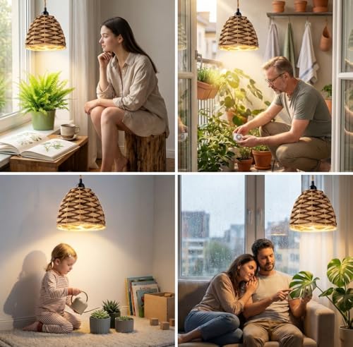 Hanging Grow Light, 30W LED Lamp with Timer for Indoor Plants | 4000K LED plant lamp with 15 ft cord, outlet timer, and boho paper rope shade for succulents, herbs, and low-light rooms. - color: Dome