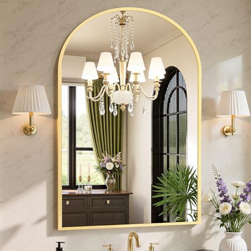 Sweetcrispy 30"x40" Arched Gold Bathroom Mirrors for Wall, Bathroom Mirrors for Over Sink, Metal Framed with HD Shatter-Proof Glass for Entryway, Living Room, Bedroom, Home Decor - color: Gold, size: 30"L x 40"W