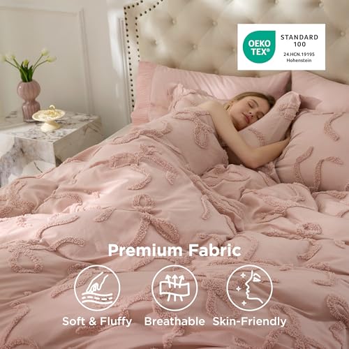 Bedsure Tufted Rose Pink Queen Size Comforter Sets, GentleSoft™ 3 Pieces Bow Cute Bedding Pink Room Decor, Gifts for Girls Teens Women, All Seasons, 1 Bed Comforter, 2 Pillow Shams, 90x90 Inches - color: 04 - Tufted Bow Rose Pink, size: Queen (90" x 90")