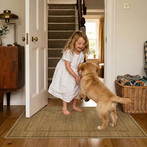 Jute 2x3 Entryway Area Rugs: Washable Non Slip Throw Rugs with Rubber Backing Pet-Friendly Small Rugs Stain Resistant Carpet for Kitchen Dining Room Laundry Porch Doorway Natural Brown with Border - color: Natural Brown With Border, size: 2' x 3' (Rectang