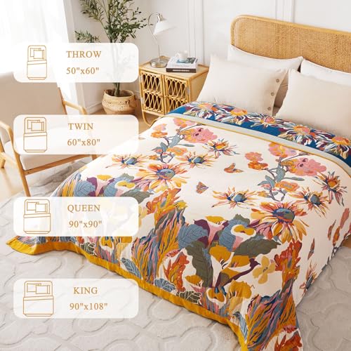 Boho Throw Blanket for Bed Couch- 100% Organic Cotton Muslin 50x60 Inch Fall Blanket Cozy Reversible Breathable Quilt Throw All-Season for Sofa & Bedroom Washable Floral Decor Blankets