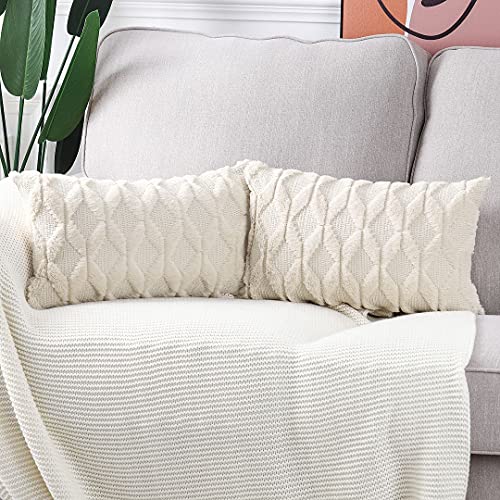 MADIZZ Set of 2 Soft Polyester Short Wool Velvet Decorative Throw Pillow Covers 12x20 inch Beige Rectangular Luxury Style Cushion Cases Pillow Shell for Sofa Bedroom - color: Cream Beige, size: 20" x 12" (Pack of 2)