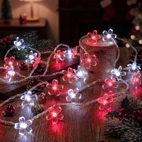 Flower Battery Operated Indoor String Lights 30LED Cherry Blossom Fairy Lights Waterproof Outdoor for Party Birthday Wedding Christmas Valentine's Day Home Decoration Red White - color: Red-White