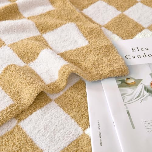 Checkered Throw Blanket, Khaki Soft Cozy Fluffy Knitted Throw Blankets for Couch, Sofa, Bed, Chair, Warm Fuzzy Travel Picnic Lightweight Plaid Blanket, 50x70 inches - color: Khaki, size: 50×70 Inch