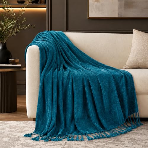 BATTILO HOME Teal Blue Chenille Throw Blanket for Couch, Soft Cozy Textured Knit Throw Blanket with Handmade Fringe Tassels, Lightweight Decorative Farmhouse Blanket for Sofa Bed Chair, 50"x60" - color: Teal