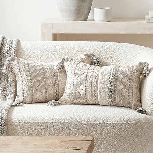 BlissBlush Decorative Lumbar Throw Pillow Covers 12x20 Combo Set of 2 Gray Rectangular Boho Accent Pillowcase Neutral Grey Farmhouse Cushion for Couch Sofa Bedroom Living Home Décor Cover ONLY - color: Gray, size: 20" x 12" (Pack of 2)