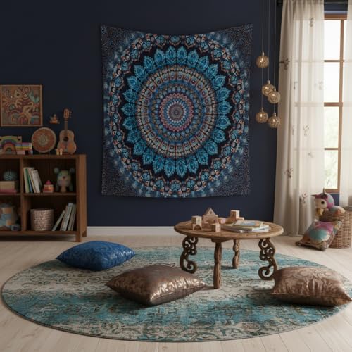 Motanber Blue Mandala Tapestry Wall Hanging Vintage Medallion Tapestry Aesthetic Hippie Boho Floral Cool Cute Small Tapestries for Bedroom Living Room Dorm Decor 48 x 36 Inch - color: Navy Blue, size: 48"L x 36"W