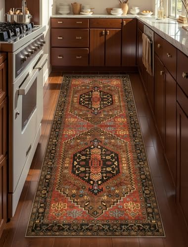 Ciicool 2x5ft Runner Rug, Hallway Wahshable Rug Vintage Kitchen Carpet for Entrance Bedroom Bedside Living Room Kitchen Laundry Bathroom Decor - color: Red/Gold, size: 2' x 5' (Runner)