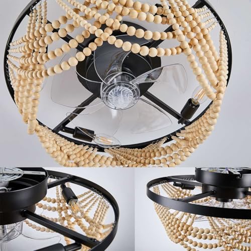 Boho Ceiling Fan with Lights Flush Mount,20 Inch Bohemia Black Wood Bead Close to Ceiling Fan Light, 4 Lights Low Profile Enclosed Ceiling Fans with Remote Control for Bedroom Living Room Kitchen - color: Black