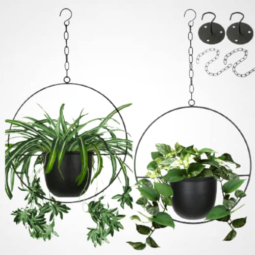 2 Pack Hanging Planters for Indoor Plants with 5.5" Pot + Ceiling Hook + Extender Chain | Hanging Plant Holder, Metal Minimalist Planter, NO Plant incld - color: Black