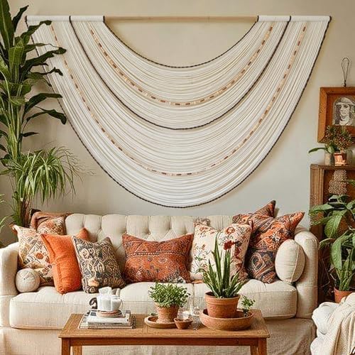 Flber Macrame Wall Hanging Handcrafted Boho Wall Decor Bead Woven Wall Hanging for Bedroom, Living Room, Entryway, Farmhouse or Nursery Bohemian Home Aesthetic 57"x35" - color: Ivory