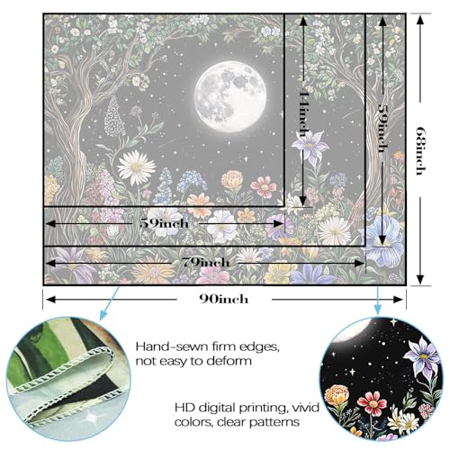Kanuyee Boho Moon Tapestry Colorful Floral Wall Tapestry, Cute tapestries for Bedroom Ceiling Tapestries Wall Hanging for Bedroom Living Room Decor Moon-1 60"x80" - color: Snow White, size: 80"L x 60"W