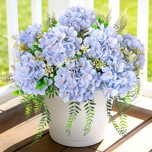 Ammyoo 8 Pcs Artificial Hydrangea Flowers Silk Blue Fake Flower with Eucalyptus for Outdoor Decorations UV Resistant Realistic Faux Plants for Garden Porch Window Box Indoor Table Decor - color: Blue
