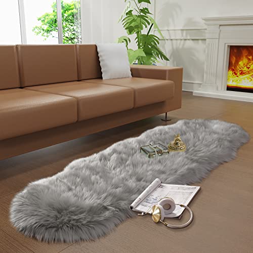 Faux Fur Rug for Bedroom, Gray Fluffy Rug Soft Sheepskin Runner Rug Sofa Couch Seat Cushion, 2x6ft Grey Plush Area Shag Rugs Floor Carpets for Nursery Bedside, Cute Shaggy Fuzzy Home Decor - color: Grey, size: 6' x 2' (Sheepskin)