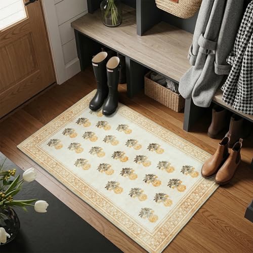 Beige Brown Washable Entry Rug 2x3 Small Rugs- Front Door Throw Rugs Indoor, Non-Slip Bathroom Mat, Vintage Floral Thin Rug Stain Resistance for Kitchen, Laundry, Boho Entryway Décor - color: Beige/Brown/Yellow, size: 2' x 3' (Rectangular)