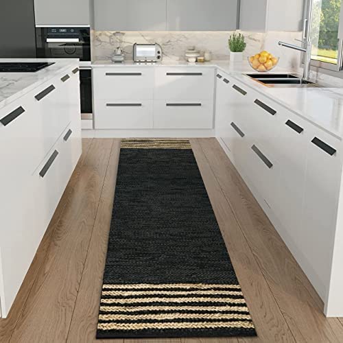 GRUHUM Jute Runner Rugs 2'6"x14' ft Natural Fiber Leather Black Jute Area Rug Handwoven Boho Farmhouse Braided Rustic Vintage Ecofriendly Indoor Rugs for Kitchen Living Room Bedroom Hallways Entryways - color: Natural Black- 20, size: 2'6" x 14' (Rectangu