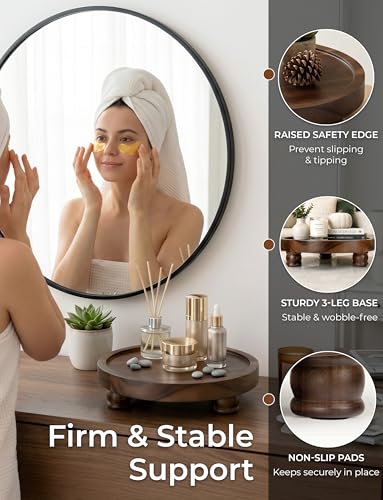 Demigo 10" Acacia Wood Round Tray - Dark Brown Pedestal Stand - Farmhouse Countertop Organizer, Multi-Purpose Display Riser Board for Soap, Perfume, Candles, Kitchen, Bathroom (10x2.5 Inch) - color: Dark Brown