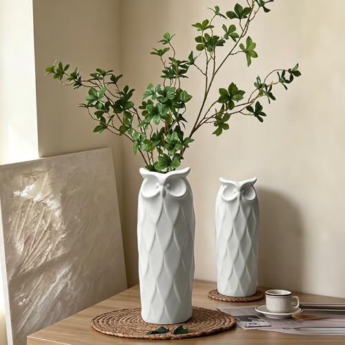 Owl Ceramic Vase Set of 2 for Living Room Bedroom 9.45'' and 8.27'' Modern White Fake Flower Plant Vases for Home Decor Office Table Shelf Fireplace Retro Rustic Farmhouse Vintage Classic Gift - color: White
