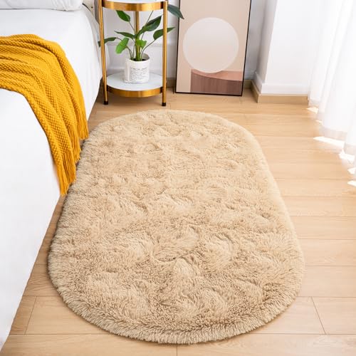 Goideal Fluffy Bedroom Rug, Small Oval Area Rugs, Beige Shag Bedside Carpet for Kids Room Nursery Dorm Cute Fuzzy Indoor Decor for Boy and Girl, 2.6 x 5.3 Feet - color: Light Tan