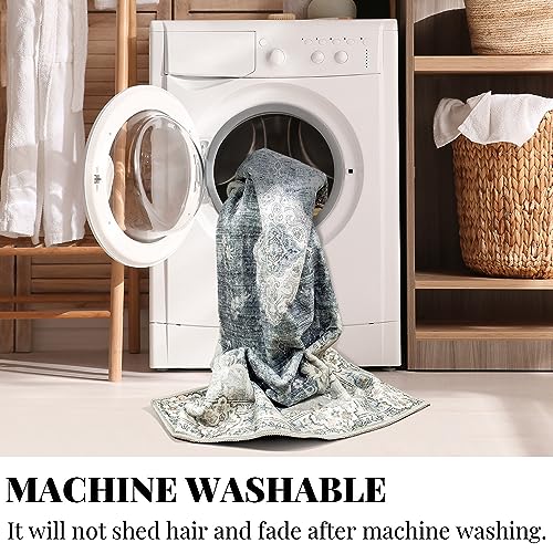 MUJOO Blue Grey Area Rug Small Rugs Boho Machine Washable Rugs Non Slip for Entryway Kitchen Bathroom Bedroom Vintage Soft Low-Pile 2'x3' Flowers - color: Blue Grey, size: 2' x 3' (Rectangular)