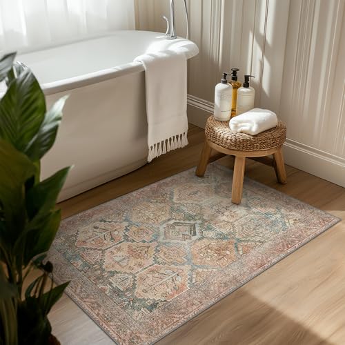 Bavni 2x3 Entryway Rug Bathroom Rugs for Front Door Bedroom Bathroom Kitchen, Washable Vintage Print Carpet, Ultra-Thin Chenille Lightweight Rug with Non Slip Backing, Clay - color: Amber/Clay, size: 2' x 3' (Rectangular)
