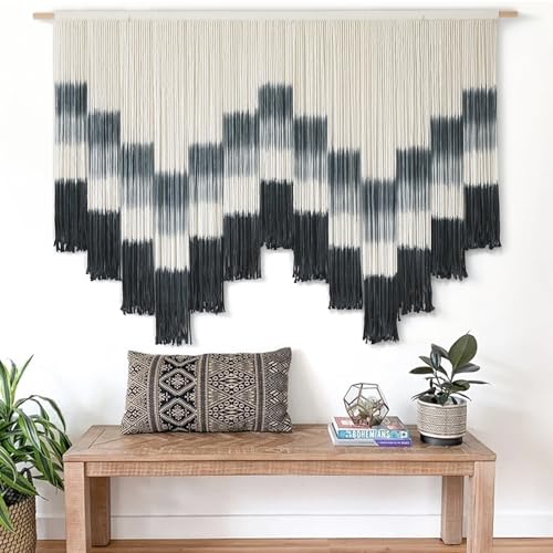 Flber Macrame Wall Hanging 57" W x 35" L Tie-Dye Geometric Decor Large Scale Wall Art Boho Yarn Tapestry Home Wall Décor - color: Black & Grey