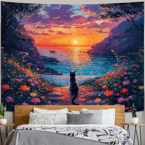 kampdream Landscape Tapestry, Scenery Art Wall Tapestries, Nature Wall Decor for Bedroom Living Room Backdrop Sunset Cat 36×48 inches - color: Sunset Cat, size: 48"L x 36"W