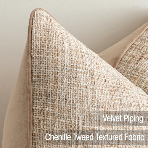 a moment Khaki Reversible Pillow Covers 2 Pack - Farmhouse Chenille Velvet Throw Pillows, Neutral Textured Decorative Throw Pillow Covers with Border for Couch Sofa Bed (24x24 Inch, No Insert) - color: Khaki, size: 24" x 24" (Pack of 2)