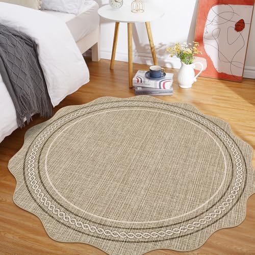 GarveeHome Scalloped Round Area Rugs, Washable Small Round Rug 3ft Non-Slip, Soft Boho Ultra-Thin Circle Low Pile Stain Resistant Carpet for Bedroom Entryway Kitchen Laundry Bathroom, Jute Color - color: Jute Color, size: 3' (Round)