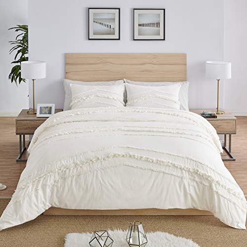 Bohemian Boho Chic Ivory Macrame Tufted Tassel 2 pc. Twin / Twin XL Size Bed Bedding Set Duvet Comforter Cover / Sham Solid Cream Textured Minimalist Off White Cotton Fringe Farmhouse Indie Dorm Teen - color: Ivory, size: Twin
