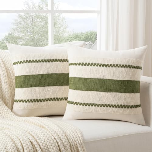 Fancy Homi Set of 1 Boho Moss Green Decorative Throw Pillow Cover 16x16 Inch for Couch Bed Sofa, Aesthetic Modern Organic Farmhouse Home Decor, Soft Cotton Cute Accent Macrame Woven Cushion Case - color: Moss Green, size: 16" x 16" (Pack of 1)