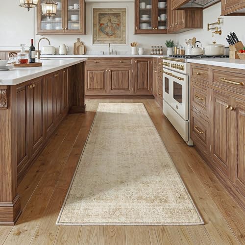 Fmfunctex 2x8 Runner Rug Beige Washable Neutral Vintage Distressed Oriental Traditional Non Slip Low Pile Indoor Carpet Retro Hallway Entryway Rug for Kitchen Living Room Bedroom Laundry Entry Bedside - color: Beige, size: 2' x 8' (Rectangular)