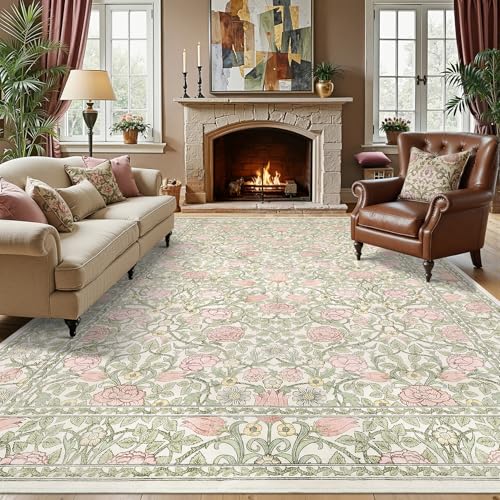 GarveeHome Pink and Green Beige Washable 9x12 Area Rugs for Living Room Vintage Floral Boho Botanical Retro Rug Low Pile Stain Resistance Non Slip Carpet for Bedroom Nursery Dining Room - color: A Beige / Pink, size: 9' x 12' (Rectangular)