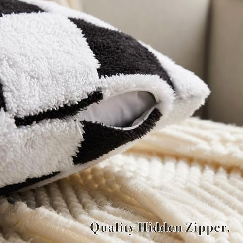 Ohocut Checkered Jacquard Shag Throw Pillow Covers, Pack of 2 Fluffy Black White Cute Decorative Aesthetic Soft Checkered Throw Pillow Cases for Couch Sofa Bedroom,20x20 Inch - color: Black and White, size: 20" x 20" (Pack of 2)