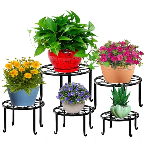 5 Pack Metal Plant Stands,Heavy Duty Potted Holder for Flower Pot,Indoor Outdoor Metal Rustproof Iron Garden Container Round Supports Rack for Planter - color: Black